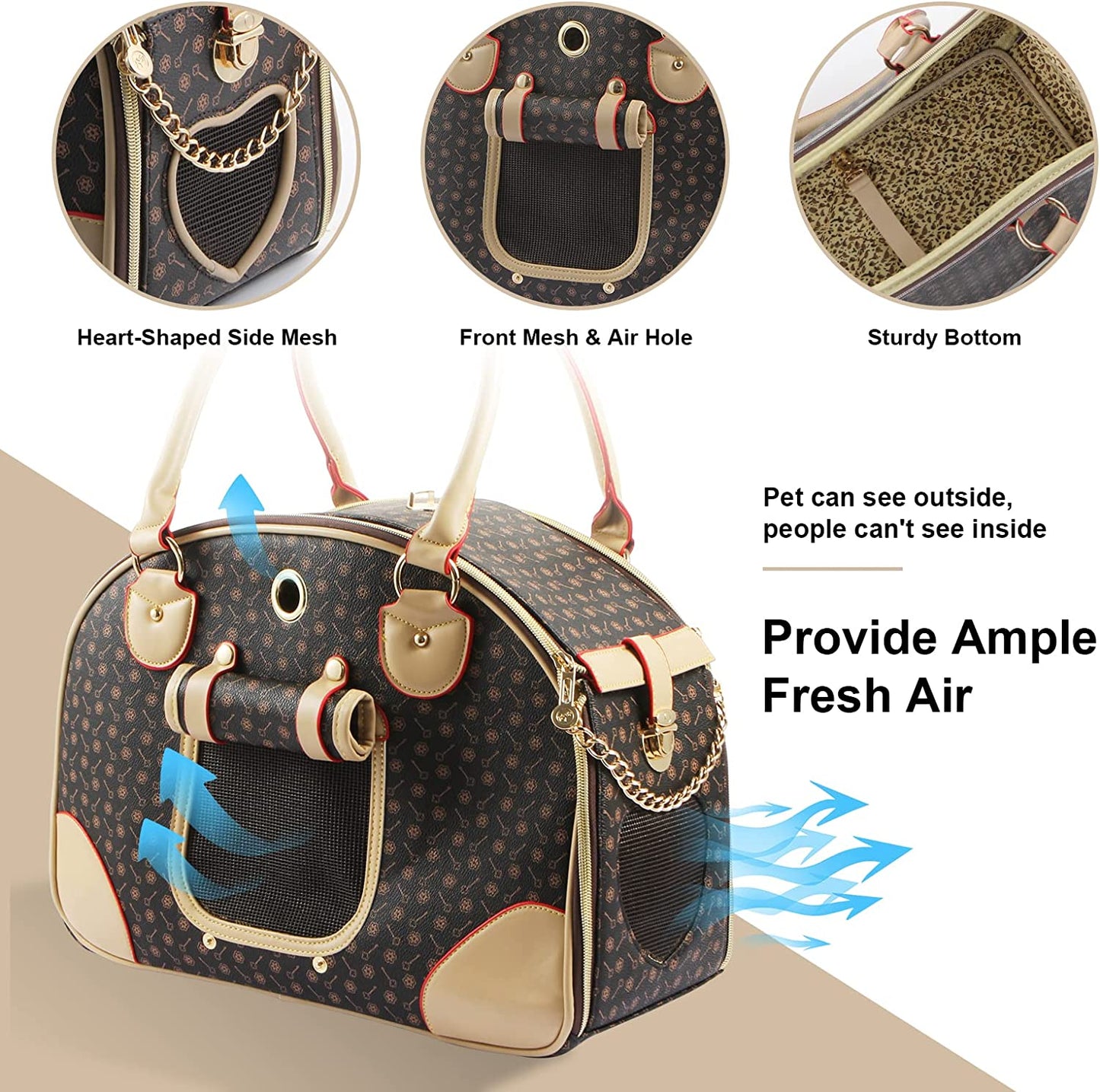 Fashion Dog Carrier PU Leather Dog Handbag Dog Purse Cat Tote Bag Pet Cat Dog Hiking Bag, Brown, Large 42 * 29 * 18Cm