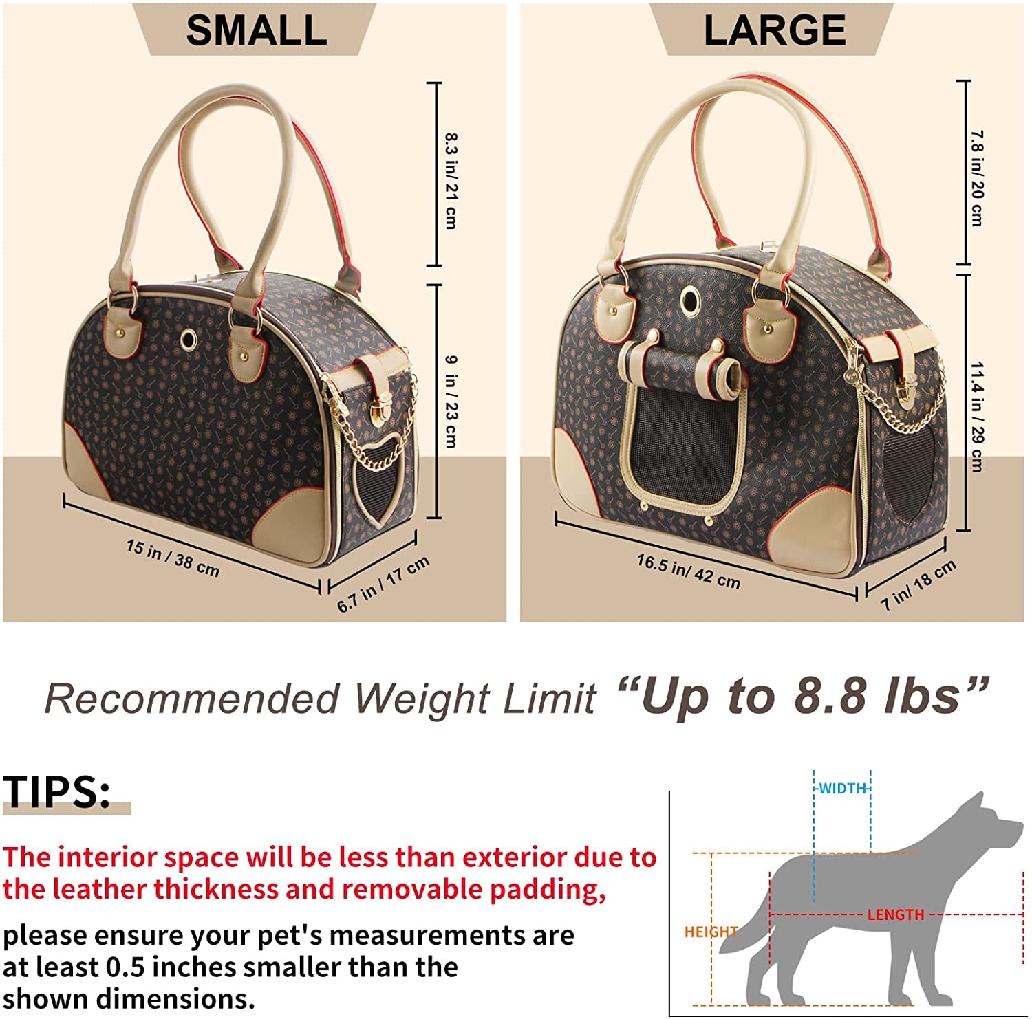 Fashion Dog Carrier PU Leather Dog Handbag Dog Purse Cat Tote Bag Pet Cat Dog Hiking Bag, Brown, Large 42 * 29 * 18Cm