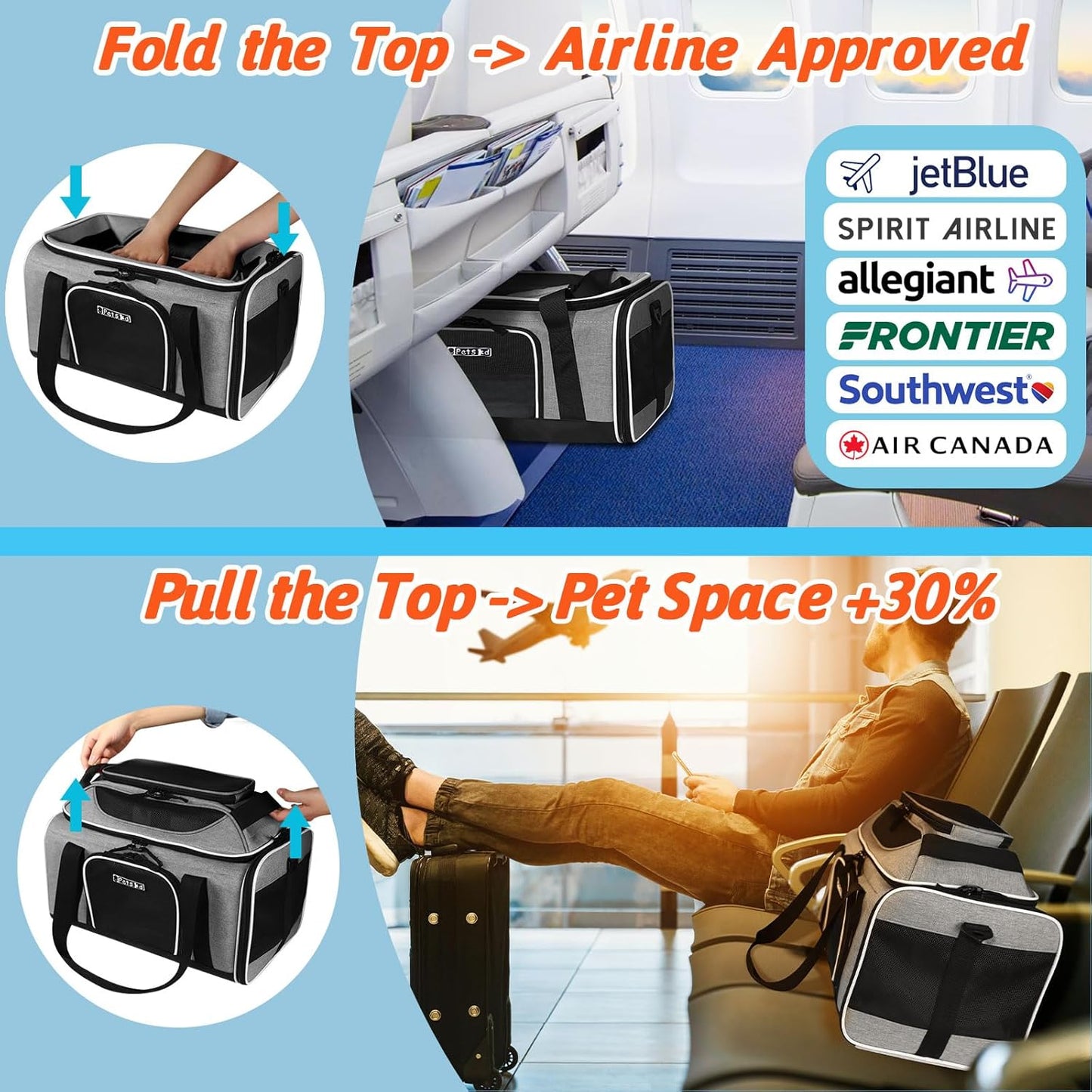 Top-Expandable Pet Carrier 17X12X8.5 Inches Jetblue Frontier Spirit Airline Approved, Soft-Sided Carrier for Small Cats and Dogs with Locking Safety Zippers and Anti-Scratch Mesh(Grey)