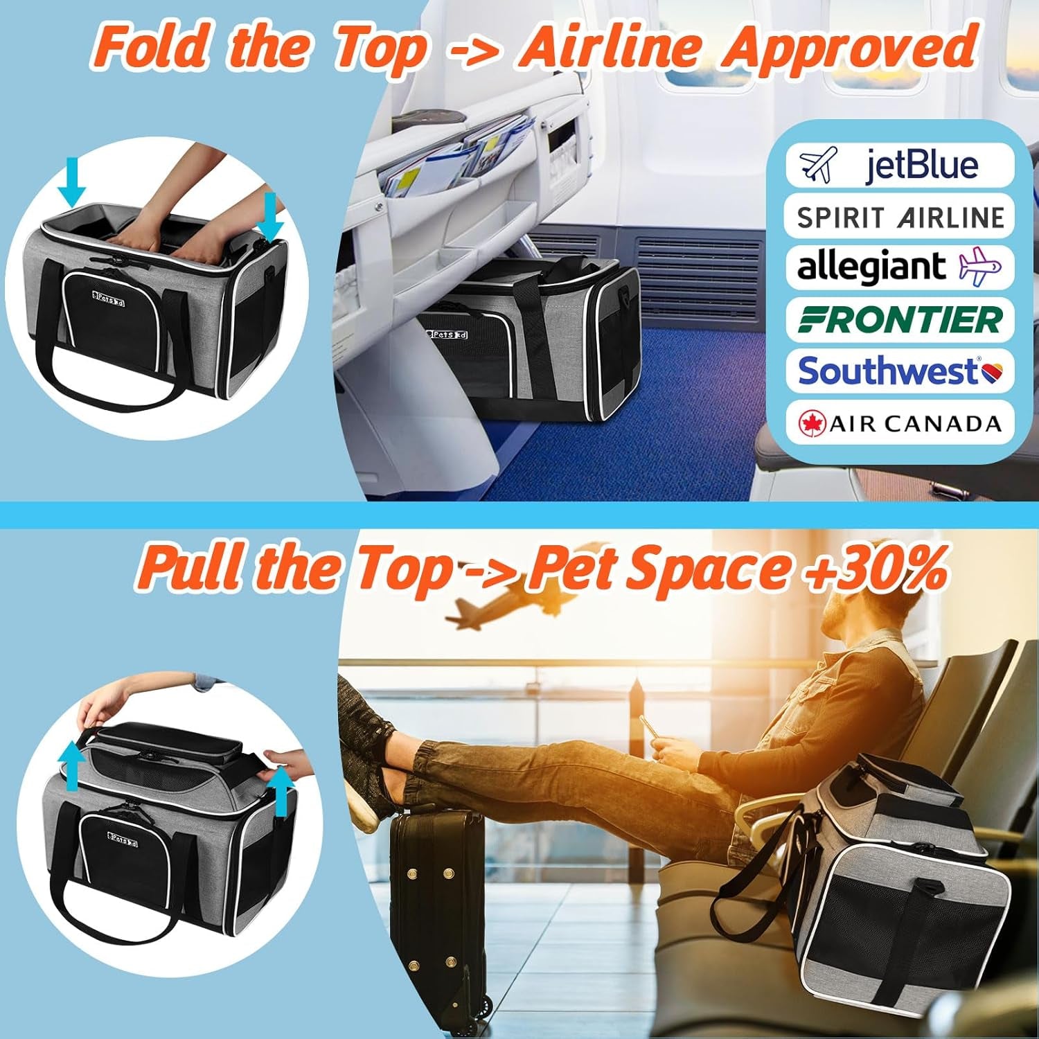 Top-Expandable Pet Carrier 17X12X8.5 Inches Jetblue Frontier Spirit Airline Approved, Soft-Sided Carrier for Small Cats and Dogs with Locking Safety Zippers and Anti-Scratch Mesh(Grey)