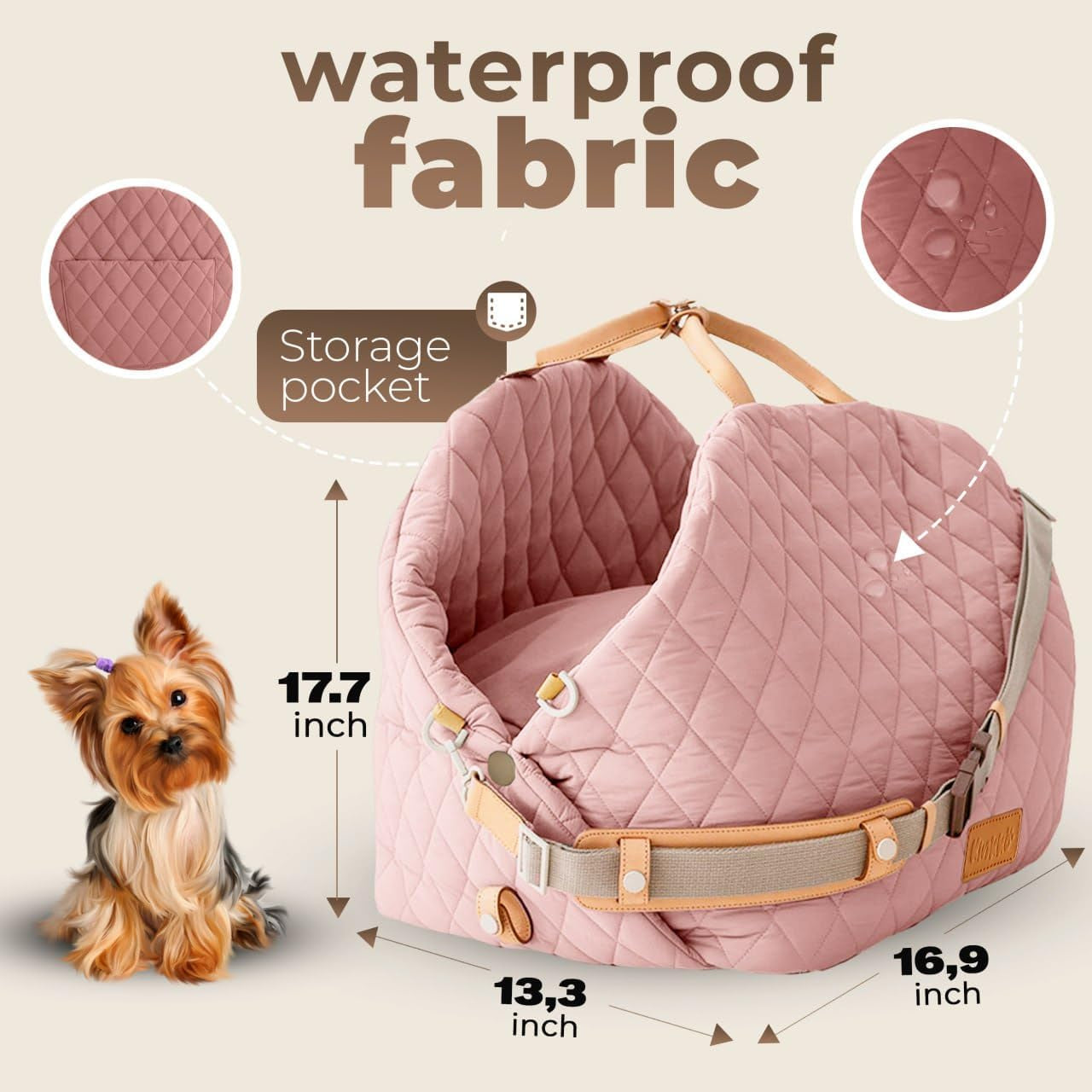 Dog Car Seat for Small Dogs – 3-In-1 Travel Carrier, Booster & Dog Bed for Car – Washable, Anti-Slip, Safety Straps – Fits Front & Back Seats – Cozy Pet Car Seat up to 25 Lbs – Pink