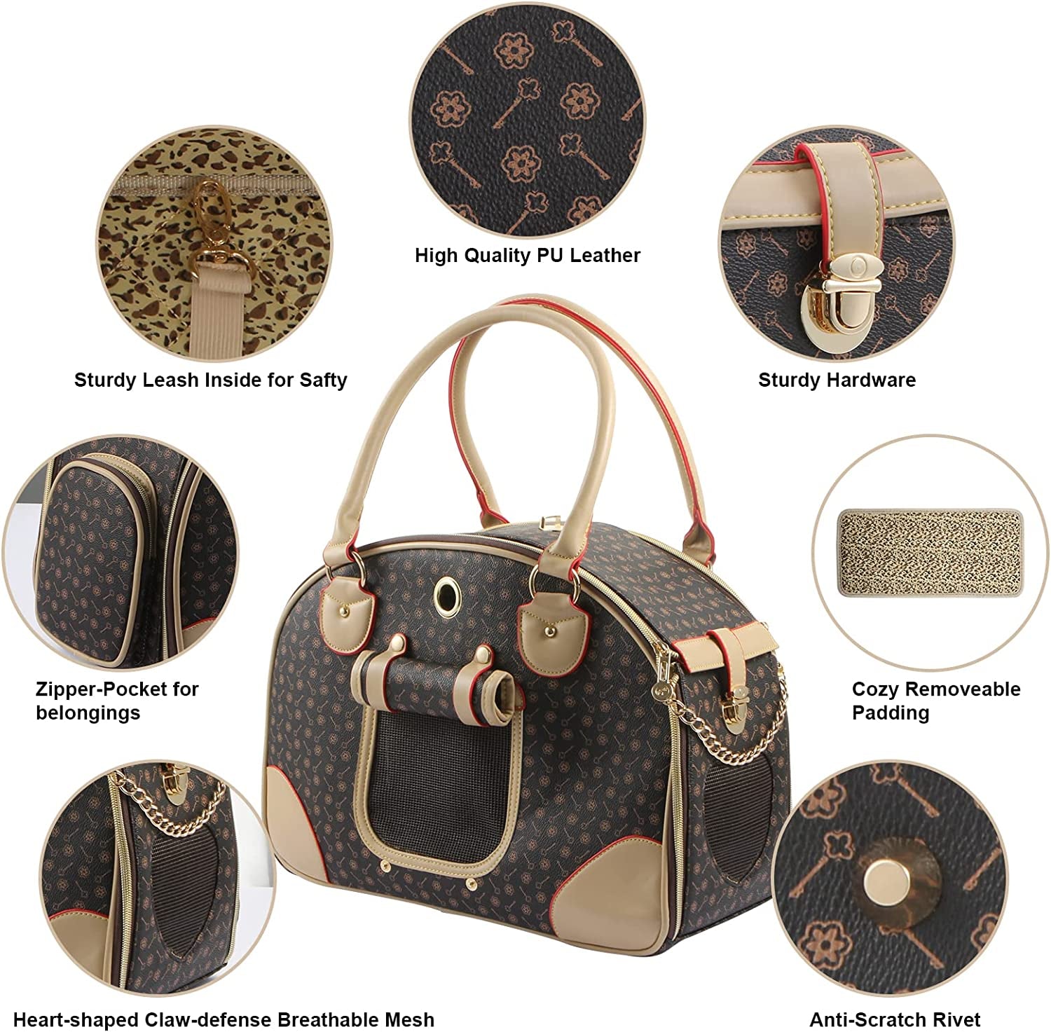 Fashion Dog Carrier PU Leather Dog Handbag Dog Purse Cat Tote Bag Pet Cat Dog Hiking Bag, Brown, Large 42 * 29 * 18Cm