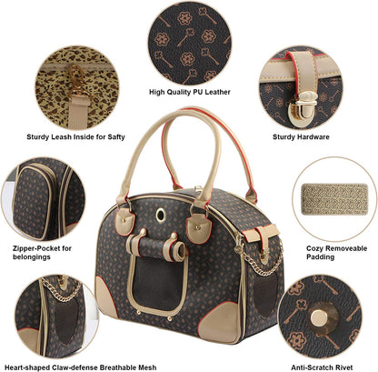 Fashion Dog Carrier PU Leather Dog Handbag Dog Purse Cat Tote Bag Pet Cat Dog Hiking Bag, Brown, Large 42 * 29 * 18Cm