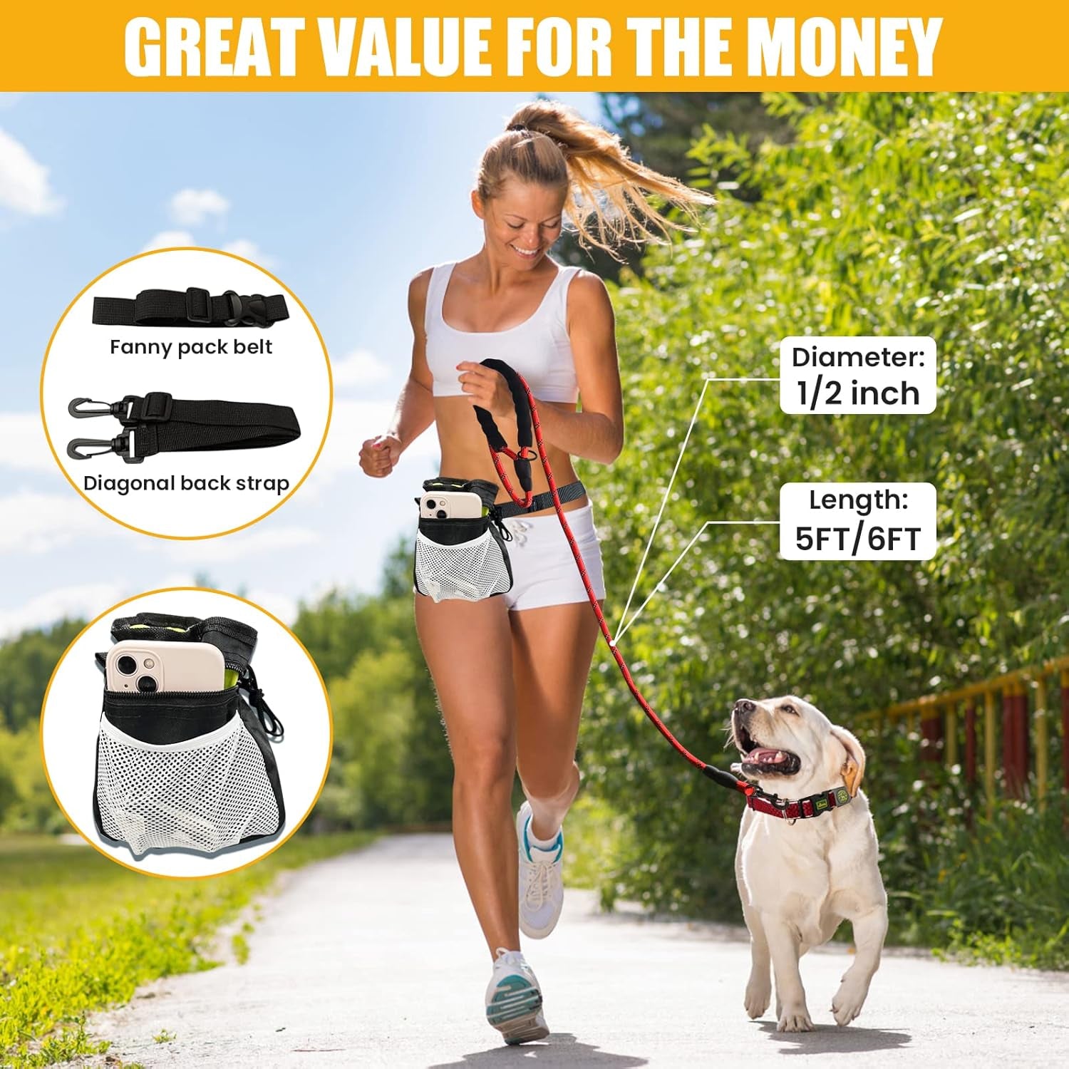 5/6 Ft Dog Leash with Highly Reflective Threads and Comfortable Padded Handle-Multifunction Dog Treat Pouch for Dog Walking-Dog Leashes for Large, Medium & Small Dogs(5Ft/Red)