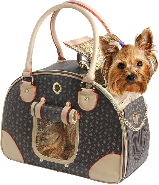 Fashion Dog Carrier PU Leather Dog Handbag Dog Purse Cat Tote Bag Pet Cat Dog Hiking Bag, Brown, Large 42 * 29 * 18Cm