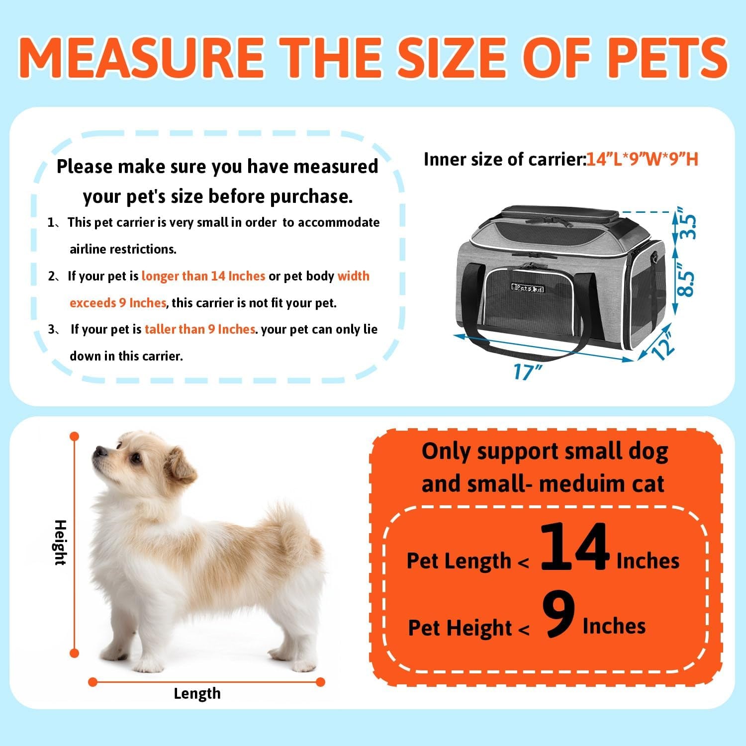 Top-Expandable Pet Carrier 17X12X8.5 Inches Jetblue Frontier Spirit Airline Approved, Soft-Sided Carrier for Small Cats and Dogs with Locking Safety Zippers and Anti-Scratch Mesh(Grey)