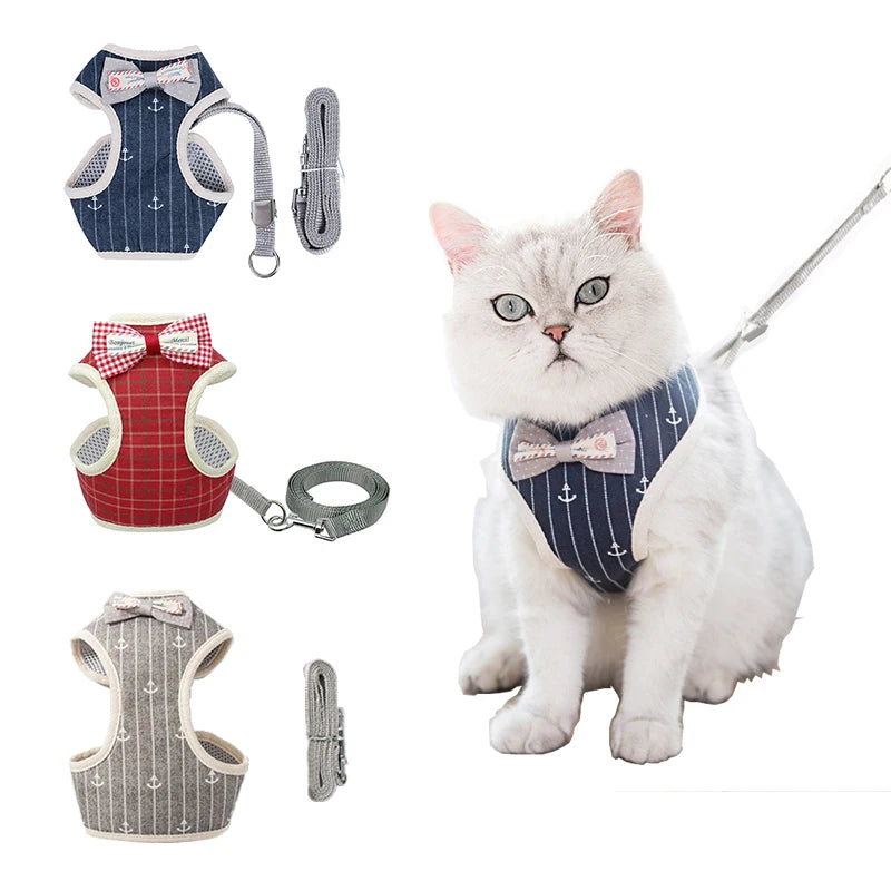 Cat Harness and Leash Set Bowknot Mesh Pet Cat Dog Harness Vest Leads Cat Leash Clothes Cat Collar Dog Traction Harness Belt