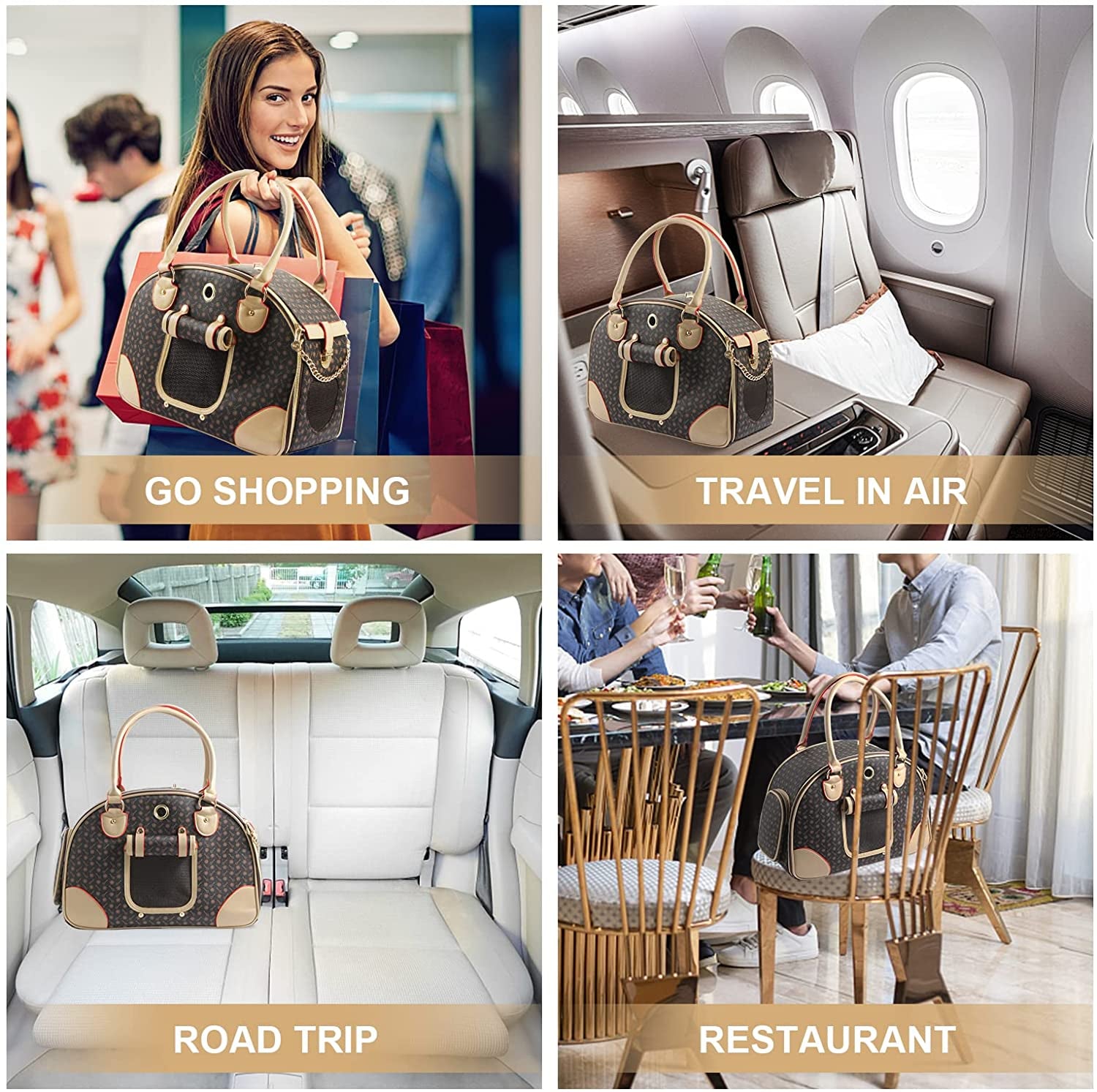 Fashion Dog Carrier PU Leather Dog Handbag Dog Purse Cat Tote Bag Pet Cat Dog Hiking Bag, Brown, Large 42 * 29 * 18Cm