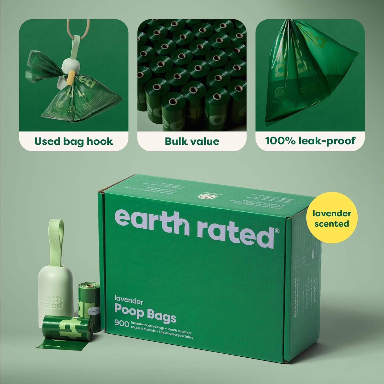Dog Poop Bag Holder with Dog Poop Bags Rolls, Durable and Guaranteed Leakproof, Lavender Scented, 1 Dispenser and 900 Bags