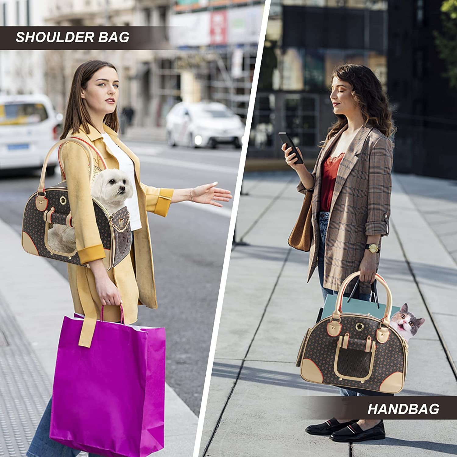Fashion Dog Carrier PU Leather Dog Handbag Dog Purse Cat Tote Bag Pet Cat Dog Hiking Bag, Brown, Large 42 * 29 * 18Cm