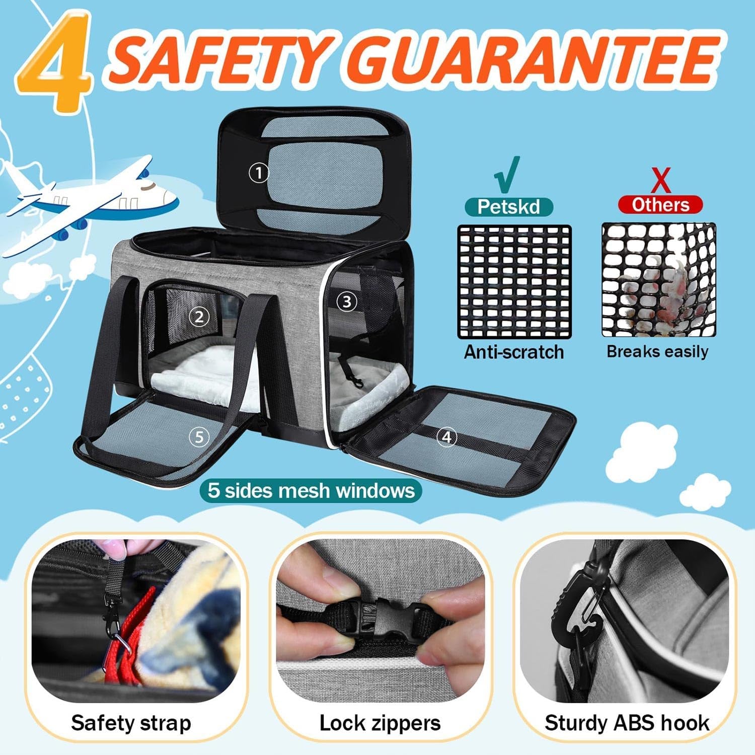 Top-Expandable Pet Carrier 17X12X8.5 Inches Jetblue Frontier Spirit Airline Approved, Soft-Sided Carrier for Small Cats and Dogs with Locking Safety Zippers and Anti-Scratch Mesh(Grey)