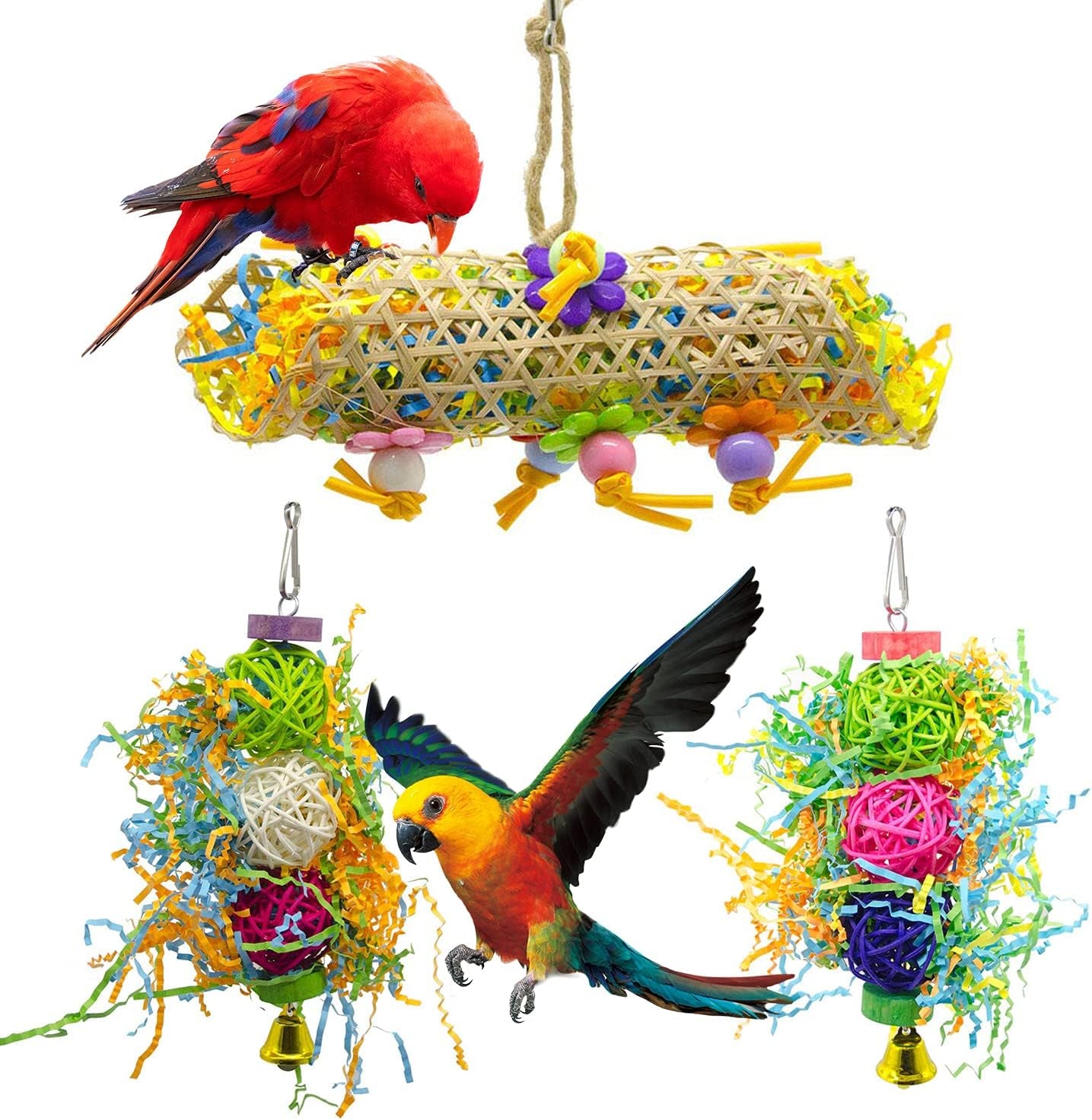 SHANTU 3Pack Bird Chewing Toys Foraging Shredder Toy Parrot Cage Shredder Toy Bird Loofah Toys Foraging Hanging Toy for Cockatiel Conure African Grey Parrot