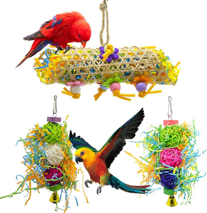 SHANTU 3Pack Bird Chewing Toys Foraging Shredder Toy Parrot Cage Shredder Toy Bird Loofah Toys Foraging Hanging Toy for Cockatiel Conure African Grey Parrot