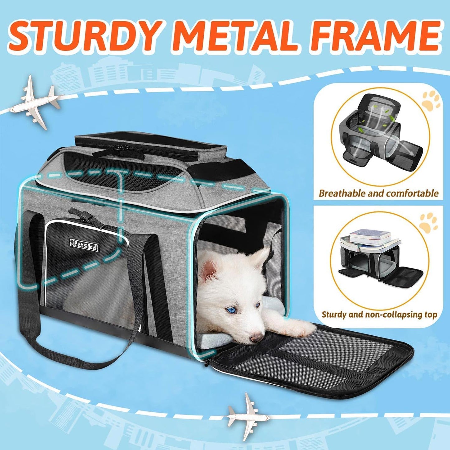 Top-Expandable Pet Carrier 17X12X8.5 Inches Jetblue Frontier Spirit Airline Approved, Soft-Sided Carrier for Small Cats and Dogs with Locking Safety Zippers and Anti-Scratch Mesh(Grey)