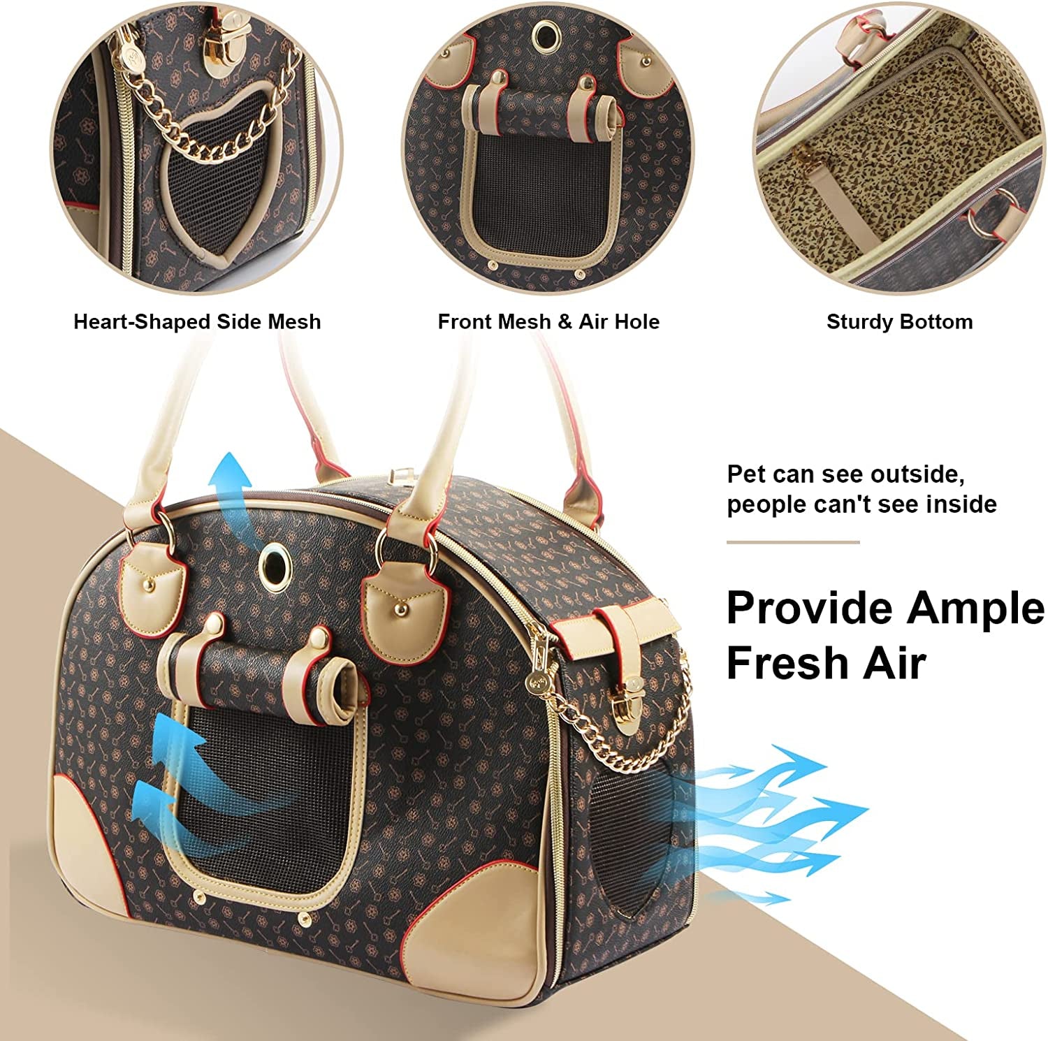 Fashion Dog Carrier PU Leather Dog Handbag Dog Purse Cat Tote Bag Pet Cat Dog Hiking Bag, Brown, Large 42 * 29 * 18Cm