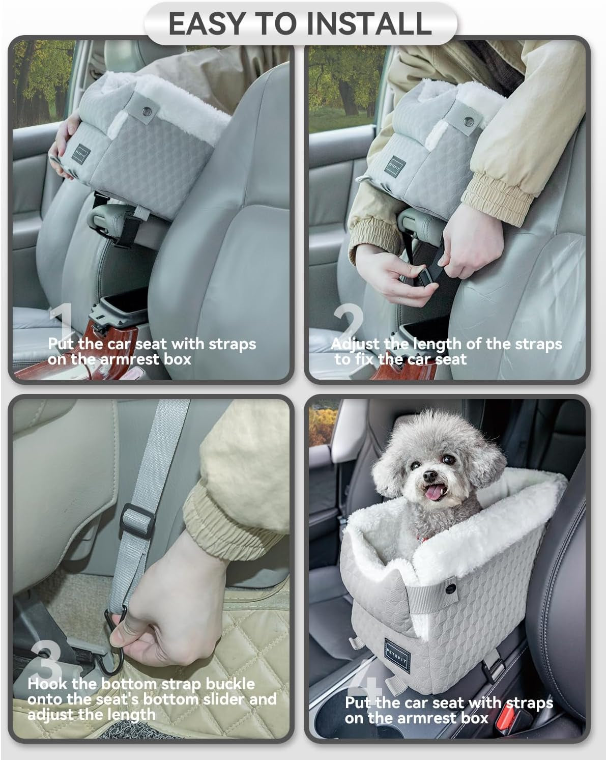 Dog Car Seats for Small Dogs with Safe Protection Hooks, Small Dog Car Seat with Upgraded Safety Tethers, Washable Cushion, Center Console Dog Car Seat for Pets under 8 Lbs (Light Grey)