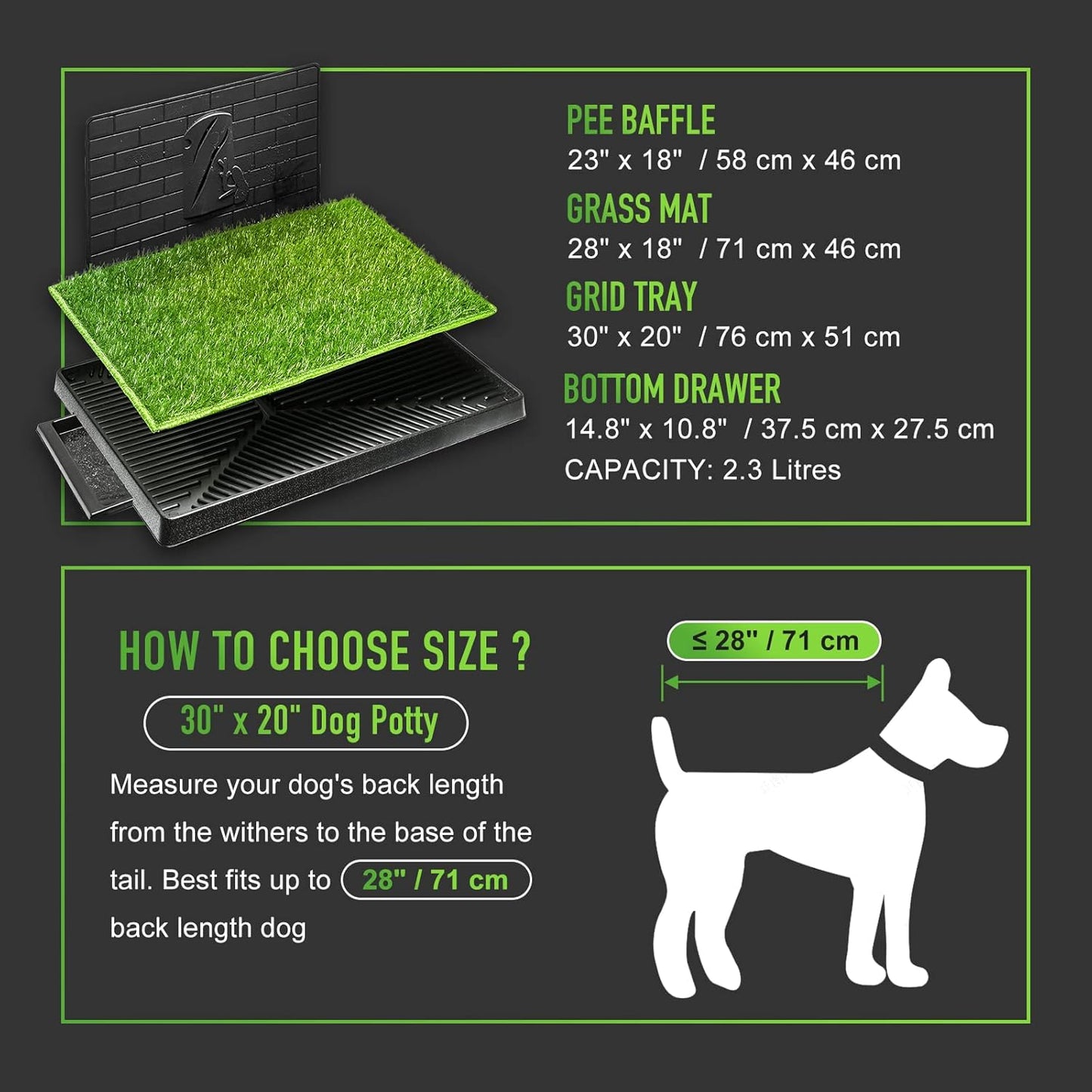 Dog Potty with Tray Large 30''X20'', 2 Pcs Artificial Grass Patch for Indoor and Outdoor Use, Puppy Turf Grass Pad Reusable Training Pads with Pee Baffle, Ideal for Medium and Small Dogs