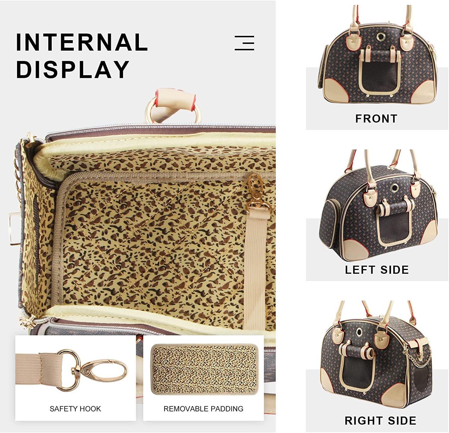 Fashion Dog Carrier PU Leather Dog Handbag Dog Purse Cat Tote Bag Pet Cat Dog Hiking Bag, Brown, Large 42 * 29 * 18Cm