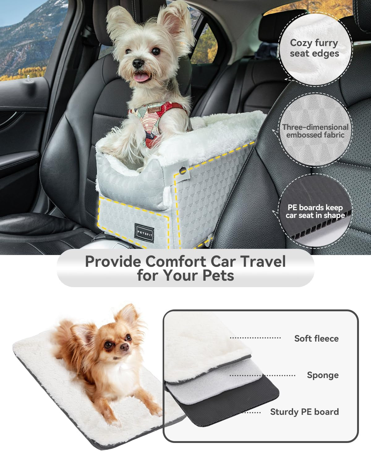 Dog Car Seats for Small Dogs with Safe Protection Hooks, Small Dog Car Seat with Upgraded Safety Tethers, Washable Cushion, Center Console Dog Car Seat for Pets under 8 Lbs (Light Grey)