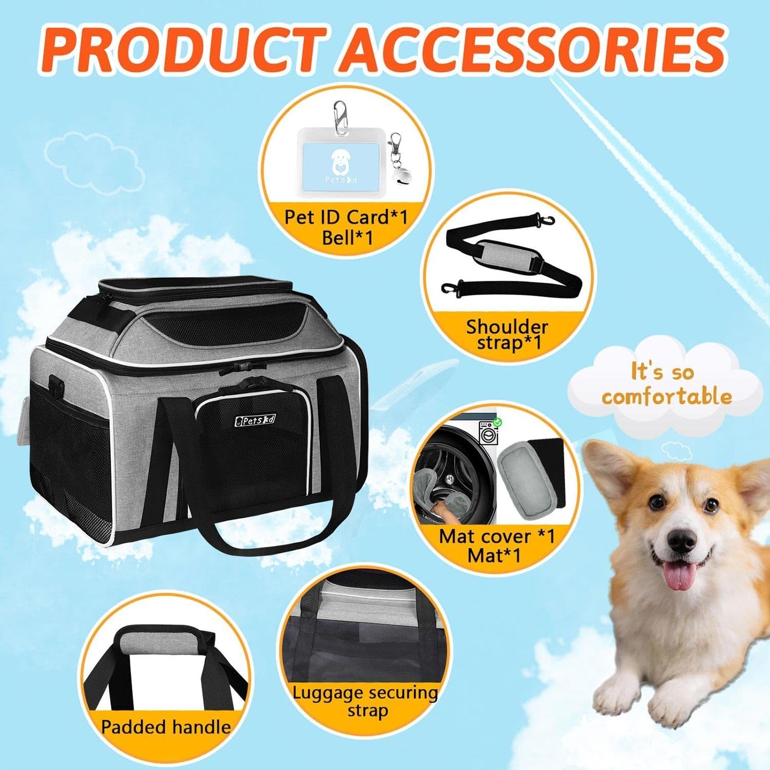Top-Expandable Pet Carrier 17X12X8.5 Inches Jetblue Frontier Spirit Airline Approved, Soft-Sided Carrier for Small Cats and Dogs with Locking Safety Zippers and Anti-Scratch Mesh(Grey)