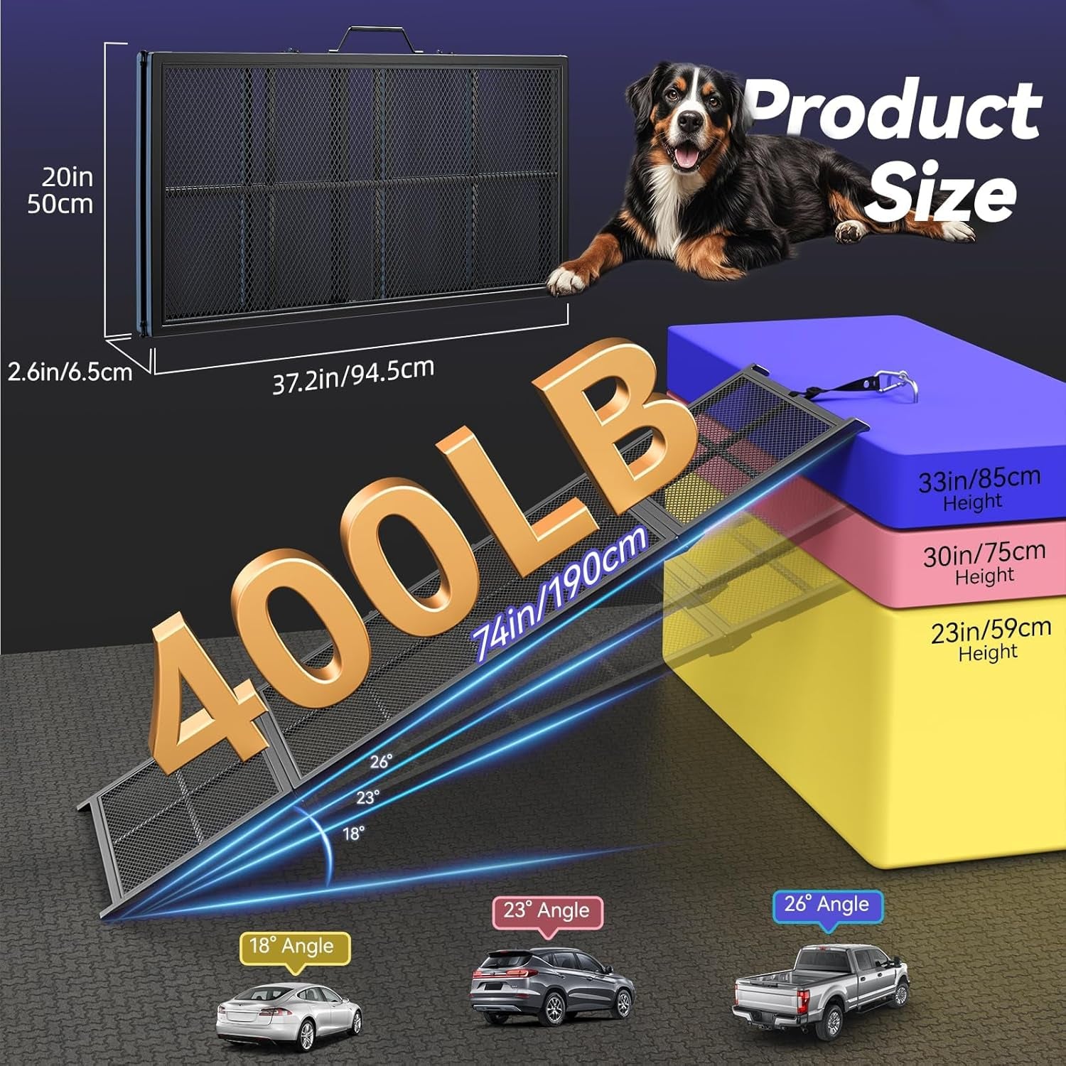 74'' L & 20'' W Portable Dog Ramp for Car - Extra Wide Lightweight Pet Dog Ramps for Large Dogs with Non-Slip Mesh, Outdoor Dog Ramp up to 400LBS, Dog Steps Stair Get into a Car Suv/Truck/Rv/Bed