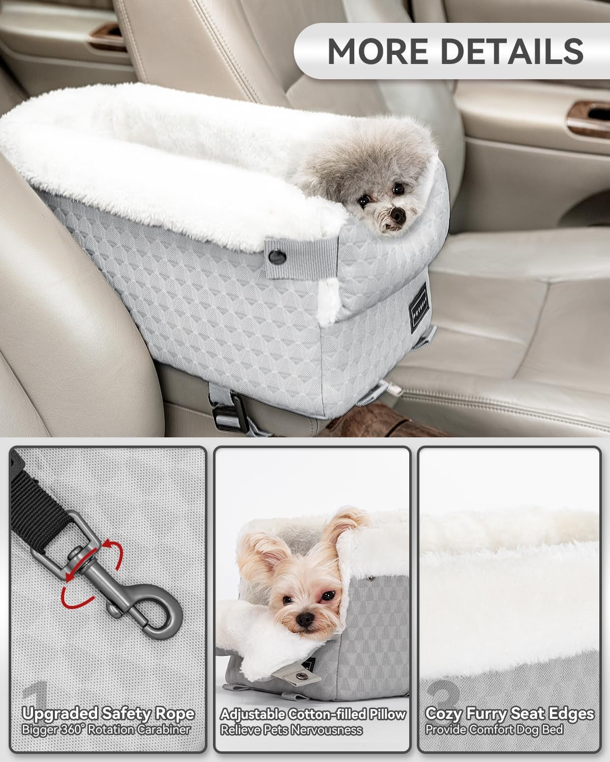 Dog Car Seats for Small Dogs with Safe Protection Hooks, Small Dog Car Seat with Upgraded Safety Tethers, Washable Cushion, Center Console Dog Car Seat for Pets under 8 Lbs (Light Grey)