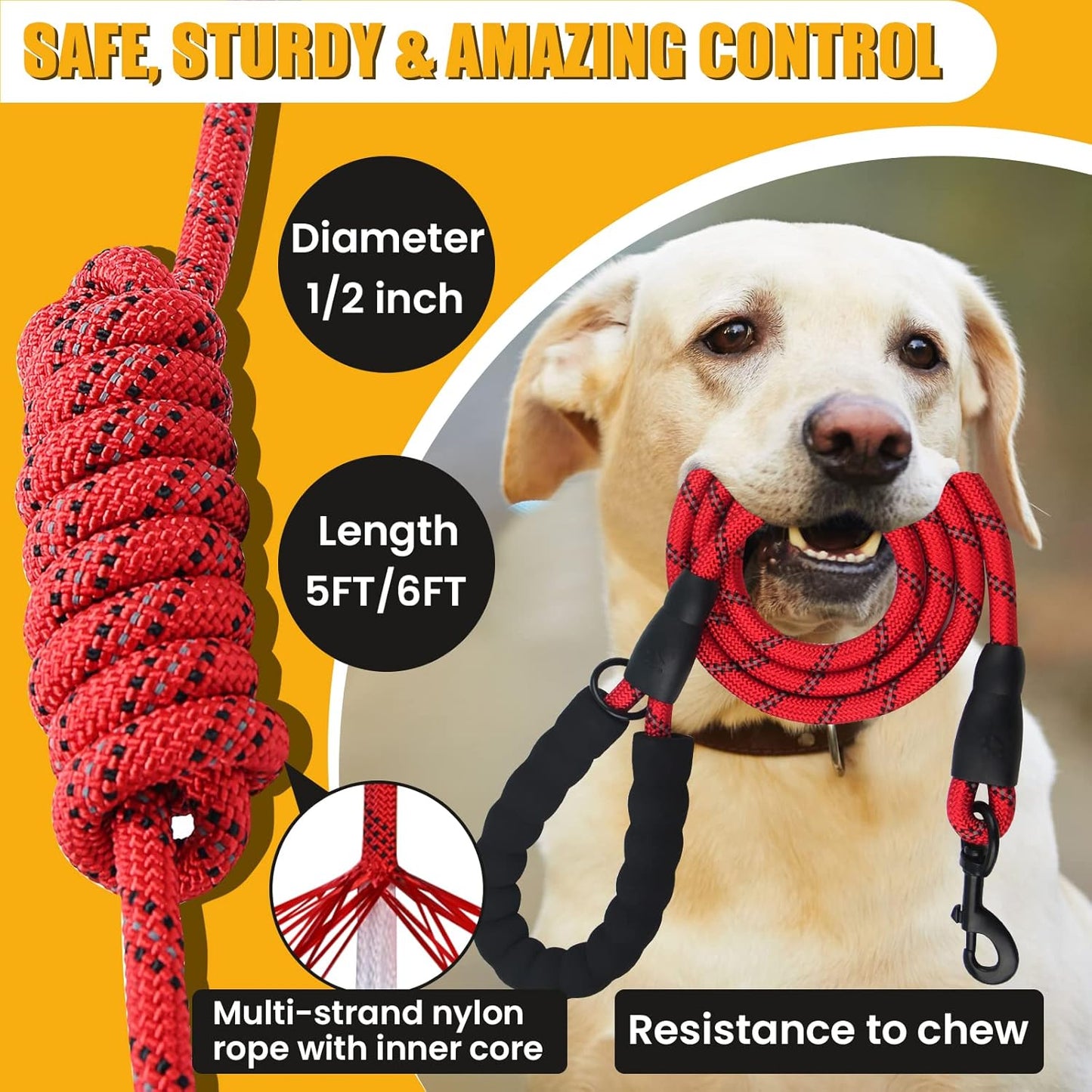 5/6 Ft Dog Leash with Highly Reflective Threads and Comfortable Padded Handle-Multifunction Dog Treat Pouch for Dog Walking-Dog Leashes for Large, Medium & Small Dogs(5Ft/Red)