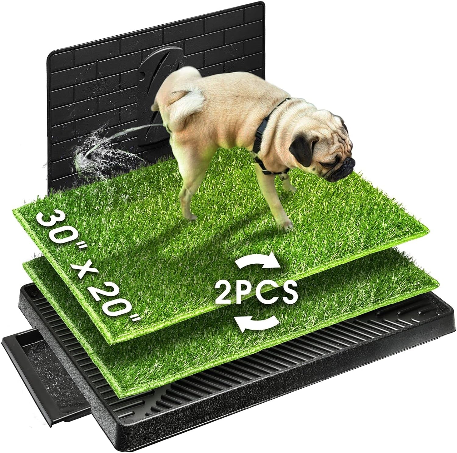 Dog Potty with Tray Large 30''X20'', 2 Pcs Artificial Grass Patch for Indoor and Outdoor Use, Puppy Turf Grass Pad Reusable Training Pads with Pee Baffle, Ideal for Medium and Small Dogs