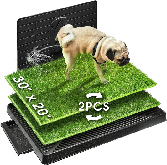 Dog Potty with Tray Large 30''X20'', 2 Pcs Artificial Grass Patch for Indoor and Outdoor Use, Puppy Turf Grass Pad Reusable Training Pads with Pee Baffle, Ideal for Medium and Small Dogs