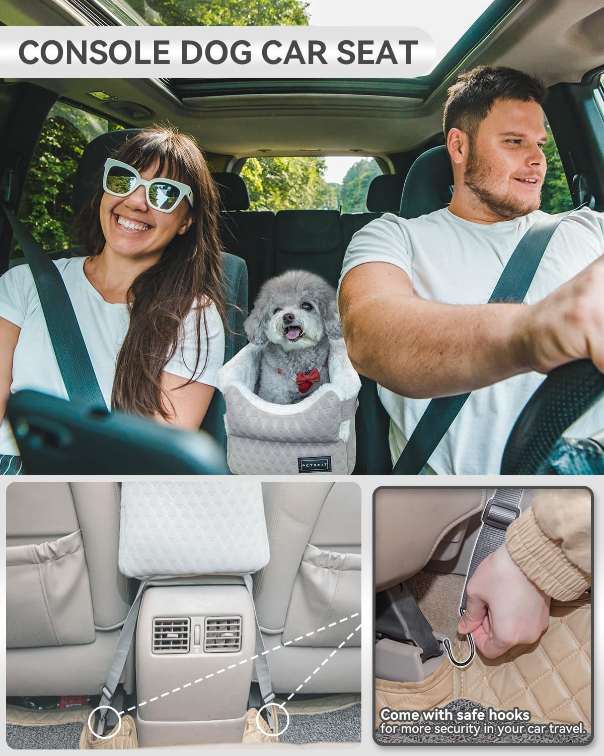 Dog Car Seats for Small Dogs with Safe Protection Hooks, Small Dog Car Seat with Upgraded Safety Tethers, Washable Cushion, Center Console Dog Car Seat for Pets under 8 Lbs (Light Grey)